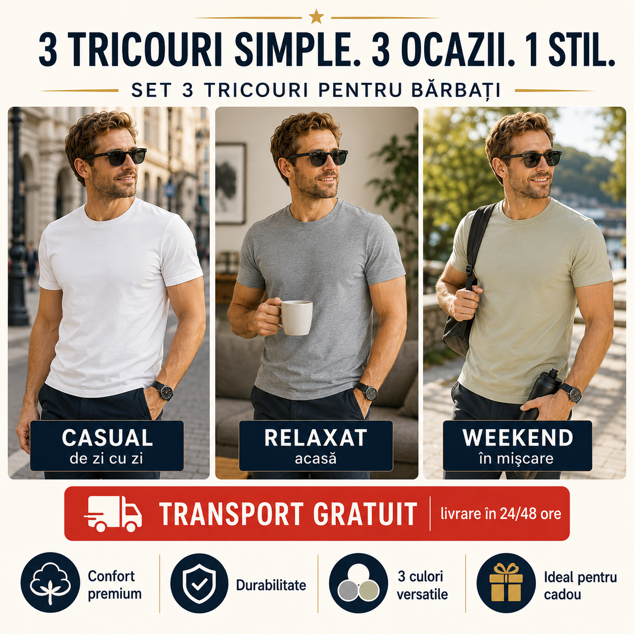 Tricouri bărbați alb gri &icirc;nchis și kaki deschis din bumbac 100% pentru ținute casual
